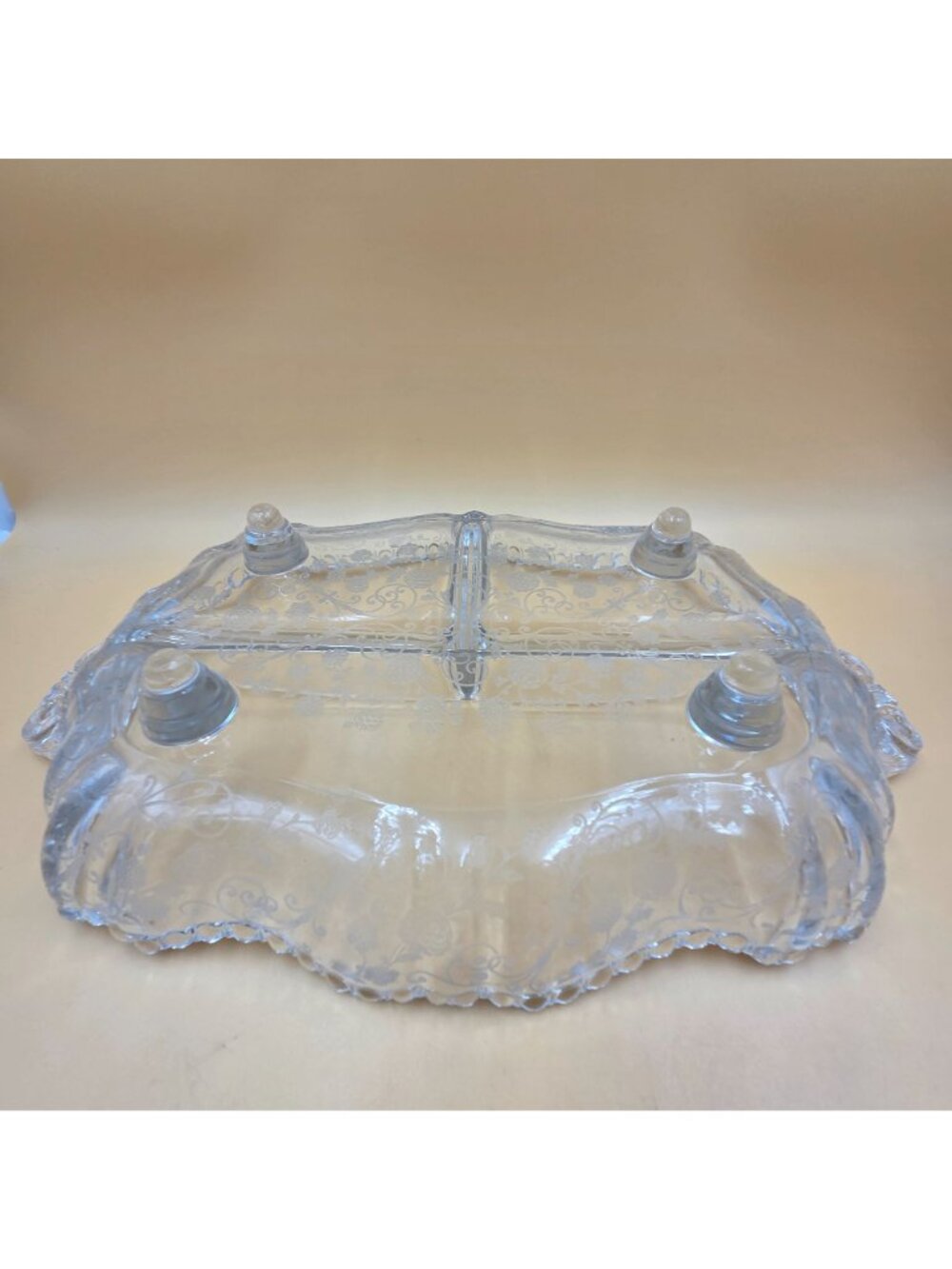 Cambridge Glass 3500/64 Elaine Etch Clear 3 Part Relish Dish 4 Toed - Picture 5 of 10